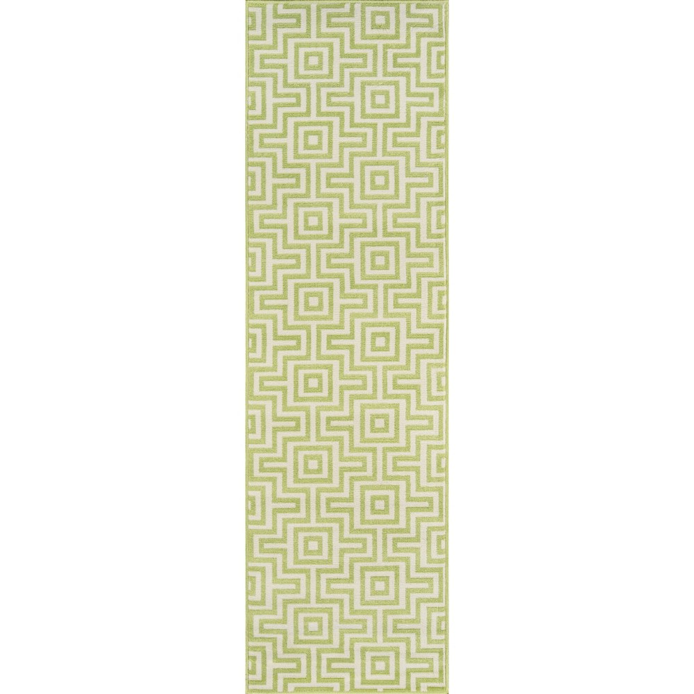 2'3 x8' Solid Runner Green - Momeni This elegant indoor/outdoor all-weather area rug offers everything you need to complete the ultimate outdoor room. Repeating stripes, diamonds, trellis and arabesque shapes meet nautical icons like ropes, anchors and waves, adding a luxe layer to all interior and exterior living spaces, including patios, porches and pool decks. Durable power-loomed construction ensures each decorative floorcovering transitions beautifully from season to season while the vibrant color palette and enduring polypropylene fibers offer endless design possibilities indoors and out. Size: 2'3 X8' RUNNER. Color: Green. Pattern: Geometric.