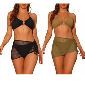 Elerevyo Women's Halter Ring Textured Solid Color Cover Up Mesh Skirt Bikini Bathing Suits 2 Sets - 1 of 4