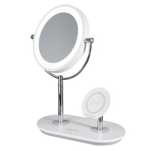 Makeup Mirror with Qi Charging Stand White (Includes LED Light Bulb) - OttLite: Wireless, 5X Magnifying, USB Port - 1 of 4