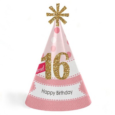 Big Dot of Happiness Sweet 16 - Cone Happy Birthday Party Hats for Kids and Adults - Set of 8 (Standard Size)