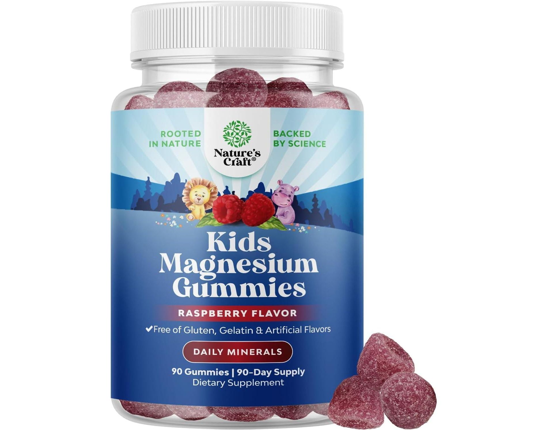 Kids Magnesium Gummies, Calm Relaxing Mag Citrate Supplement, Nerve Health, Muscles & Heart Support, Nature's Craft, Raspberry Flavor, 45 or 90ct