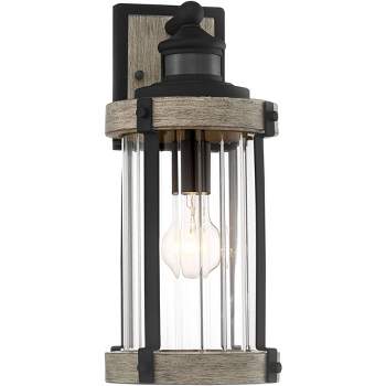 John Timberland Stan Rustic Farmhouse Outdoor Wall Light Fixture Gray Faux Wood Black Motion Sensor 15 1/2" Clear Ribbed Glass for Post Exterior Barn