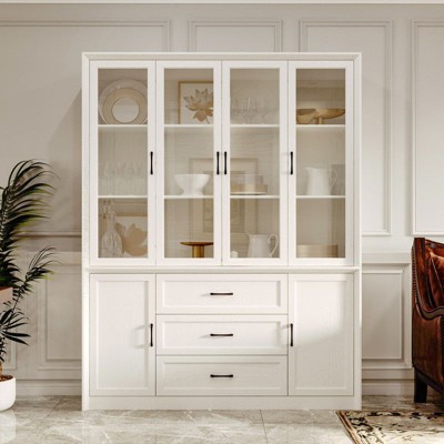 Famapy Glass-Door Kitchen Pantry Cabinet,Kitchen Organizer with 3 Drawers & 13 Shelves,Kitchen Storage Hutch for Organizing Dry Goods,Kitchenware