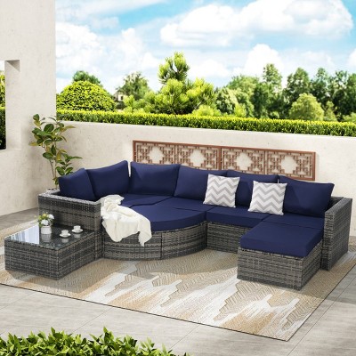 8-Piece Rattan Sectional Sofa,Outdoor Sectional L-Shaped Patio Sofa With Thick Cushions And Coffee Table,Curved Sofa,Ottoman -Maison Boucle