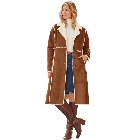 Jessica London Women s Plus Size Faux Shearling Midi Coat 12 W Cognac Target