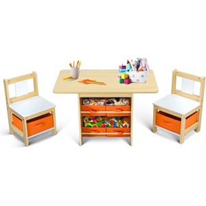 JOYMOR Kids Table & Chairs Set with 6 Drawers, Solid Wood Toddler Activity Desk for Ages 3-8, Natural - 1 of 4