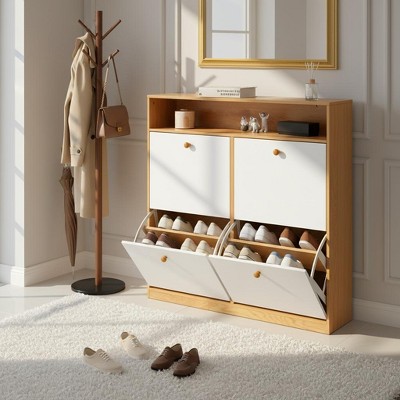 Homy Casa Shoe Storage Cabinet with 3 Flip Drawers and Open Shelf for Entryway or Bedroom, Oak White