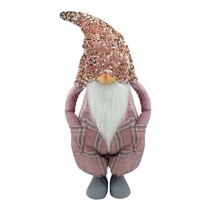 Northlight Tall Christmas Gnome Figure with Plaid Overalls Sequin Hat - 30" - Pink and Gray - 1 of 4