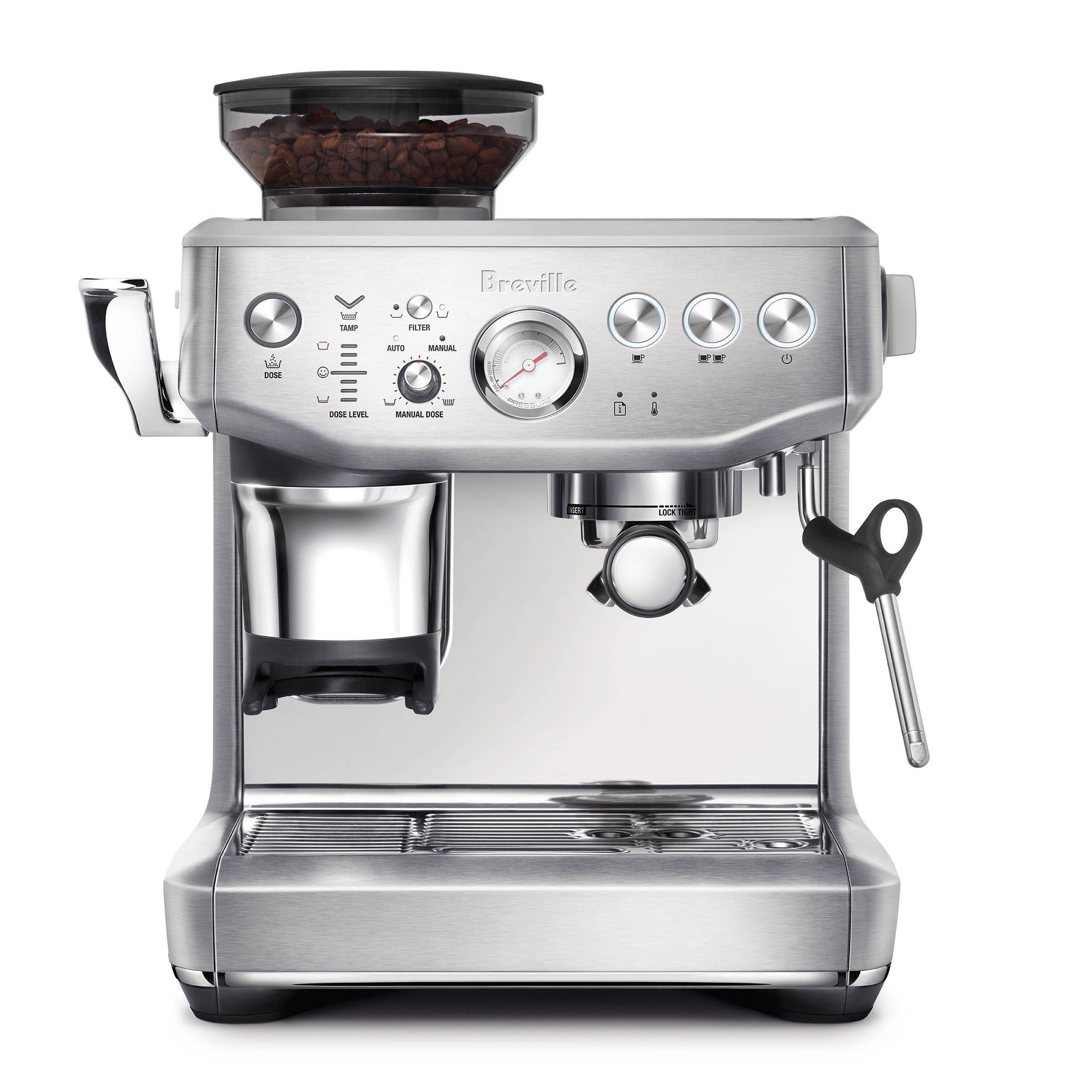 Breville Barista Express Impress Stainless Steel Espresso Maker BES876BSS1BNA1: 15 Bars Pressure, Milk Frother, Grinder