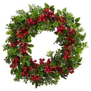 Nearly Natural 24-in Berry Boxwood Wreath - 1 of 1