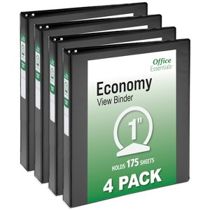 Office Essentials Economy View 3 Ring Binders, 1" Round Rings, 1.4" Spine, 175-Sheet Capacity, Black Binders (4-Pack of 03127) - 1 of 4