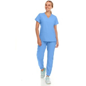 Hey Collection Womens Stretch V-Neck Jogger Scrubs Set, Medical Nursing Tops with Four Pocket Pants - 1 of 4