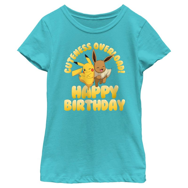 Girl's Pokemon Pikachu and Eevee Cuteness Overload Happy Birthday T-Shirt, 1 of 5