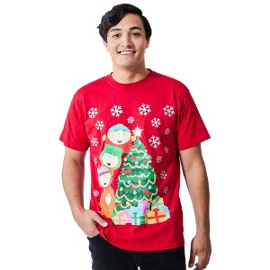 South Park Oversized Group Shot Decorating Christmas Tree Men's Red Crew Neck Short Sleeve T-shirt - 1 of 2