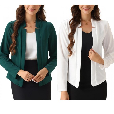 INSPIRE CHIC Women's Open Front Long Sleeve Business Work Office Blazer 2 Packs White/Green X-Large