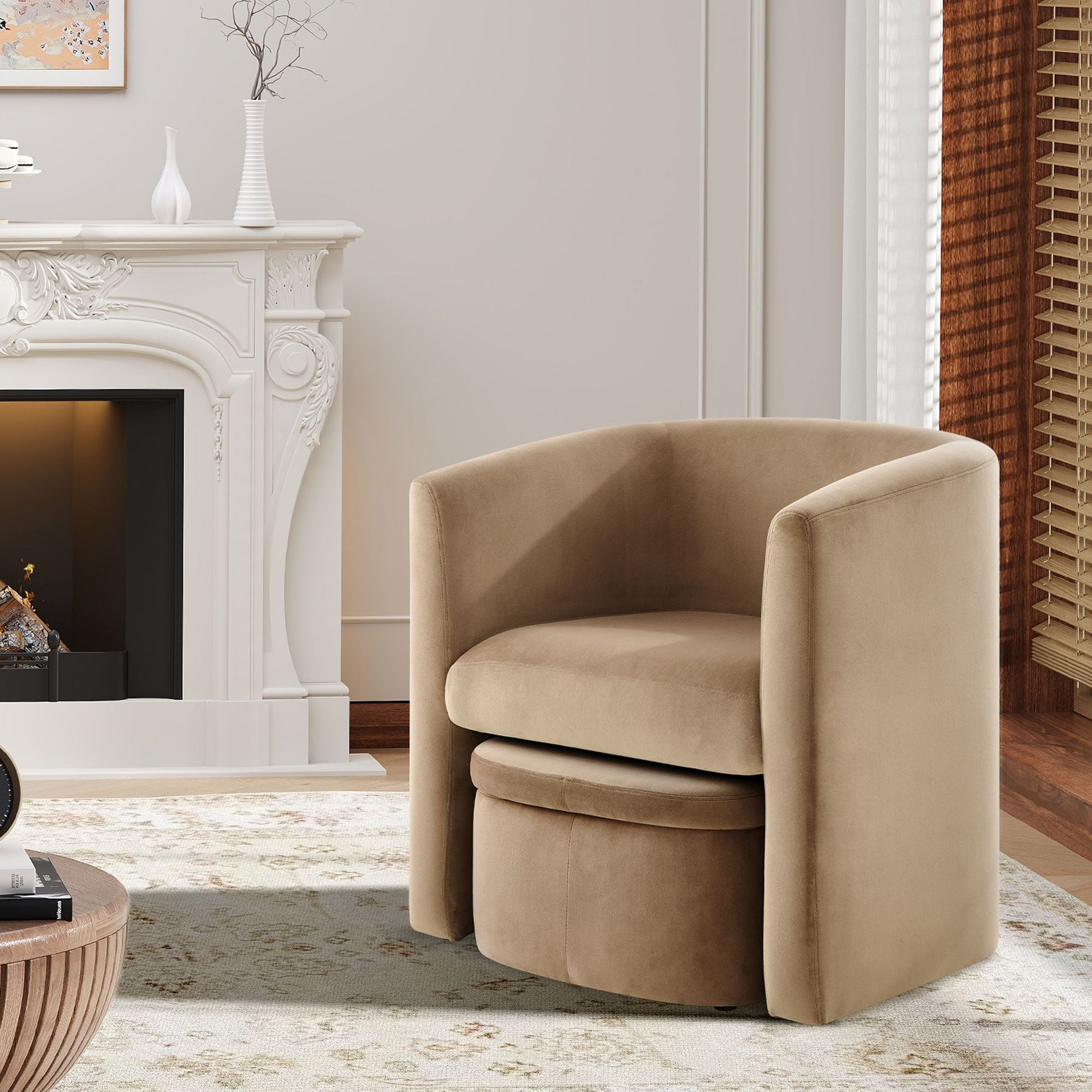 Barrel Armchair with Storage Ottoman – Khaki Fabric Accent Chair, Comfortable Lounge Chair for Living Room or Bedroom