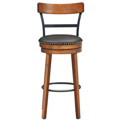 Brown Swivel Bar Stool with Leather Seat and Wood Legs