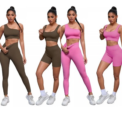 INSPIRE CHIC 2 Sets Women's Exercise Yoga Outfits Scoop Neck Seamless Ribbed Shorts High Waist Shapers