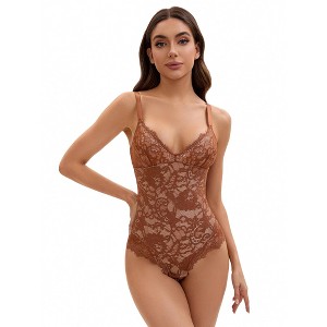 INSPIRE CHIC Women's V-Neck Tummy Control Body Suit Sleeveless Floral Lace Leotard Body Shapers - 1 of 4