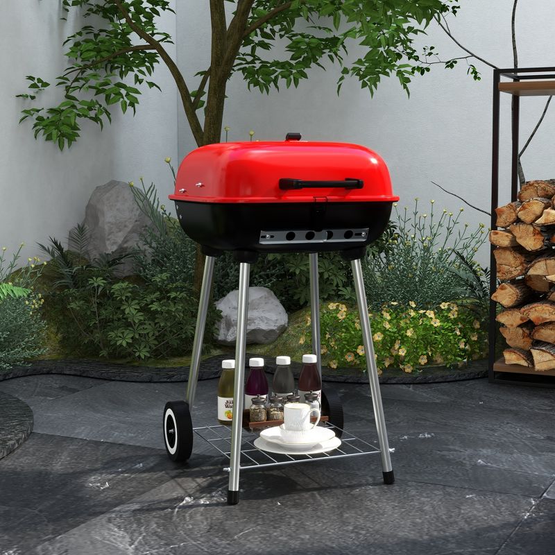 Outsunny Portable Charcoal Grill with Wheels, Bottom Shelf and Adjustable Vents for Picnic, Camping, Backyard Cooking, Red, 2 of 7