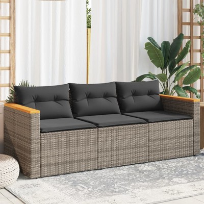 vidaXL Patio Sofa with Cushions 3-Seater Gray Poly Rattan