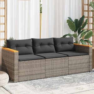vidaXL Patio Sofa with Cushions 3-Seater Gray Poly Rattan - 1 of 4