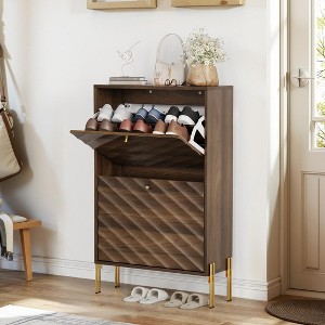 KWPZQEB Shoe Cabinet with 2 Flip Drawers, Hidden Wood Shoe Cabinet, Freestanding Shoe Storage Cabinet for Entryway Hallway, Walnut - 1 of 4