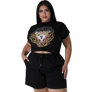 Slickblue Plus Stretch Short Set with Rhinestone Graphic Tee and Elastic Waist Shorts, Orange/Black/Green, Size 1XL-3XL - 1 of 4