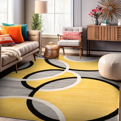 Yellow and Gray Abstract Circles 8' x 10' Synthetic Area Rug