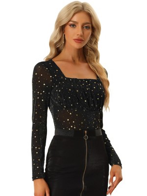 Allegra K Women's Ruched Metallic Square Neck Sheer Glitter Mesh Star Top :  Target