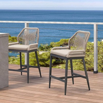PURPLE LEAF Patio Sunbrella Bar Stools Set of 2 Handwoven Wicker Bar Height Stool Modern Aluminum Outdoor Wicker Barstools with Back and Cushion