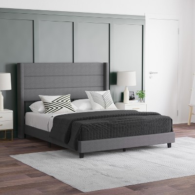 Emma and Oliver Modern Channel Stitched Upholstered Platform Bed with Wingback Headboard and Wooden Support Slats; No Box Spring Needed
