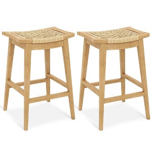 Costway 1/2/4 PCS 29" Teak Wood Bar Stool with Footrest & Saddle Seat Boho Bar Height Stool - 1 of 4