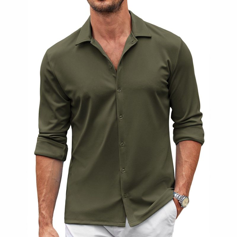 COOFANDY Men's Casual Button Down Shirt Wrinkle Free Shirts Long Sleeve Dress Shirt Army Green S