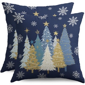 Christmas Pillow Covers 18X18 Set of 2, Blue White Gold Xmas Tree Snowflake Blue Winter Holiday - 1 of 4