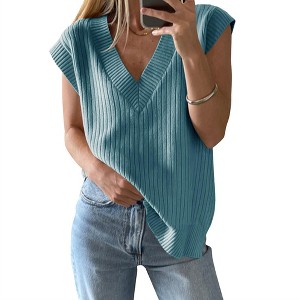 Women's Sweater Vests V Neck Casual Ribbed Knit Sleeveless Sweater Tops Oversized Sweater Vest for Women - 1 of 4