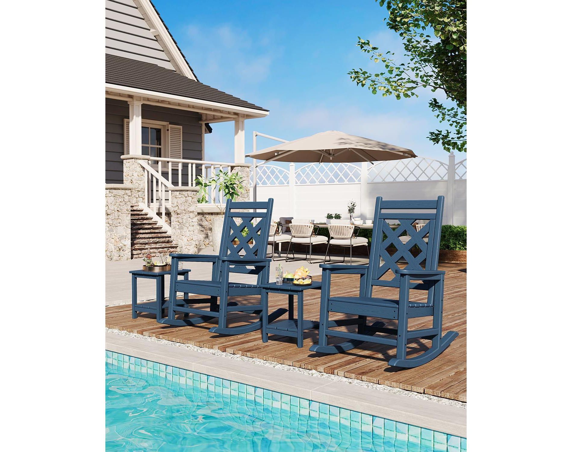 2Pcs Outdoor Rocking Chairs, Weather Resistant Arm Chair, Porch Rocker with Wood Texture, 380Lbs Support for Patio Deck Pool Garden Backyard, Blue