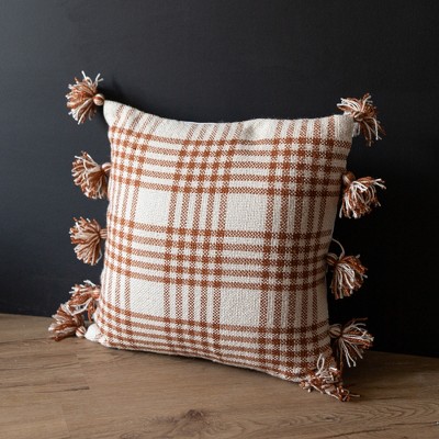 18x18 Inch Rust Plaid Outdoor Throw Pillow with Tassels