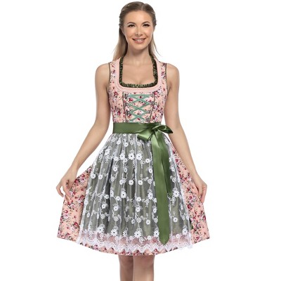 Women's Floral Dirndl - Style Dress with Lace Apron and Detachable Sleeves