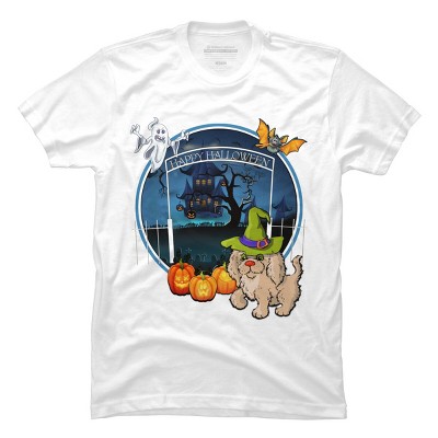 Men's Design By Humans Puppy Dog Witch Hat Halloween Ghost By Fractals T-Shirt