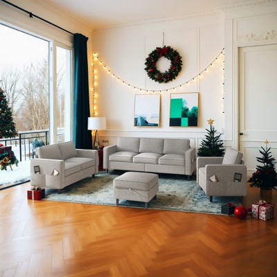 Mjkone 78" Linen Sectional Couches Set , 3-Seater Sofa with Storage Ottoman and Loveset Sofa and Armchair