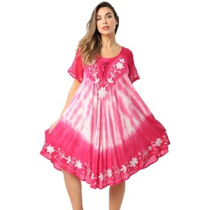 Embroidered Mesh Sleeve Tie Dye Dress (Large, Fuchsia / Pink) - 1 of 3