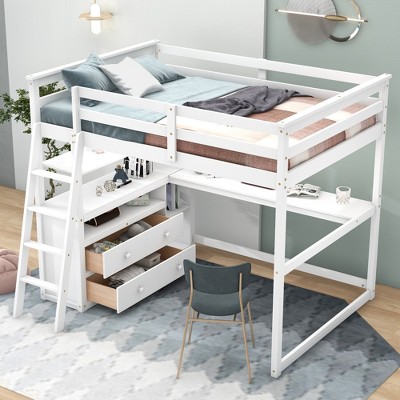 Twin Size Loft Bed with Built-in Desk, Storage Shelves and Drawers, White - ModernLuxe