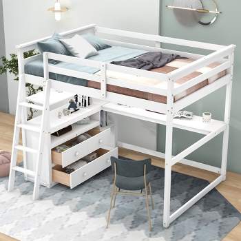 Full Size Loft Bed with Desk, Shelf and Two Built-in Drawers - ModernLuxe