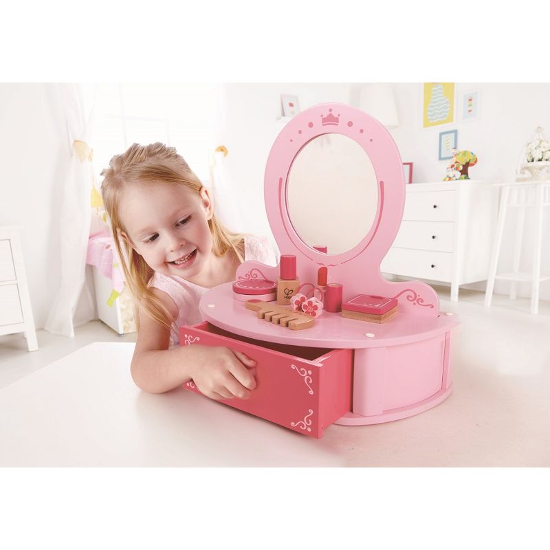 Hape Toys Petite Pink Vanity Toy Wooden Beauty Desk with Drawer, Mirror, and Pretend Makeup Kit, Hairbrush, Lipstick Roll, Compact, Perfume, and Puffs, 3 of 6