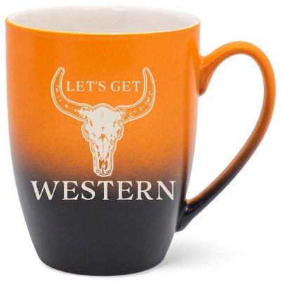 100 North Bull Skull 10 Ounce Orange and Black Two Toned Ombre, Comfortably Fits Your Hands, Ceramic Tea Coffee Cup Mug, Let's Get Western