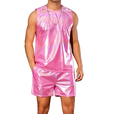 INSPIRE CHIC Men's Party Disco Metallic Holographic Tank Top and Shorts Set 2 Pieces Outfits