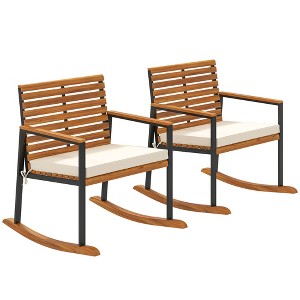Outsunny Outdoor Rocking Chair Set of 2, Acacia Wood Outdoor Rockers with Armrests, Cushion, Cream White - 1 of 4