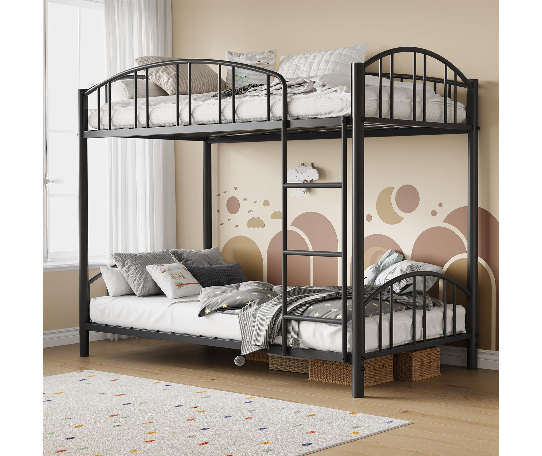 Metal Bunk Bed Twin Over Twin, Heavy Duty Bunkbeds Frame with Arched Guardrail and Safety Ladder, Sturdy Steel Bed, No Box Spring Needed, Black