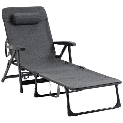 Outsunny Outdoor Folding Chaise Lounge Chair, Mesh Fabric Pool Chair with Adjustable Backrest, Pillow and Cup Holder for Poolside, Deck, and Backyard, Grey